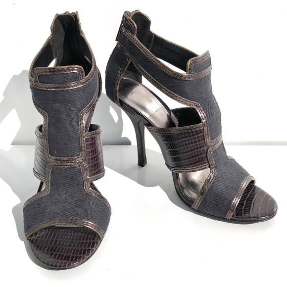 Tory Burch Geoff heel size 6M cage sandal zip linen & snakeskin embossed leather - Picture 8 of 14